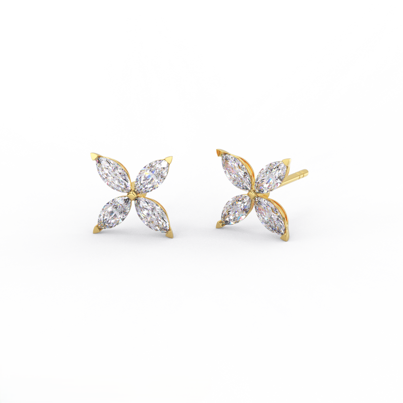 Aurelia marquise diamond flower stud earrings in 14K yellow gold with four petal cluster design