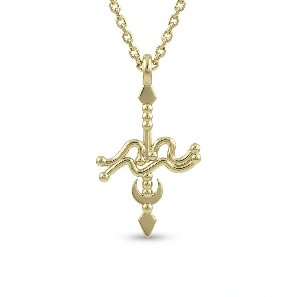 Aurex Aquarius Zodiac Necklace in 14K yellow gold, front view showing full sculptural Aquarius pendant on cable chain