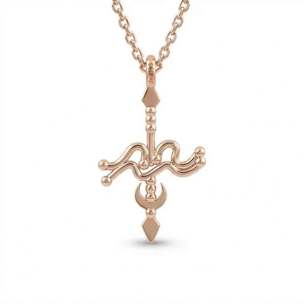 Aurex Aquarius Zodiac Necklace in 14K rose gold, front view showing full sculptural Aquarius pendant on cable chain