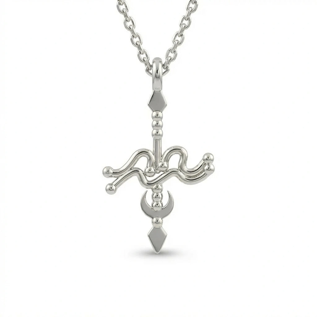 Aurex Aquarius Zodiac Necklace in 14K white gold, front view showing full sculptural pendant with wave symbol, crescent moon and diamond points