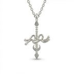 Aurex Aquarius Zodiac Necklace in 14K white gold, front view showing full sculptural pendant with wave symbol, crescent moon and diamond points