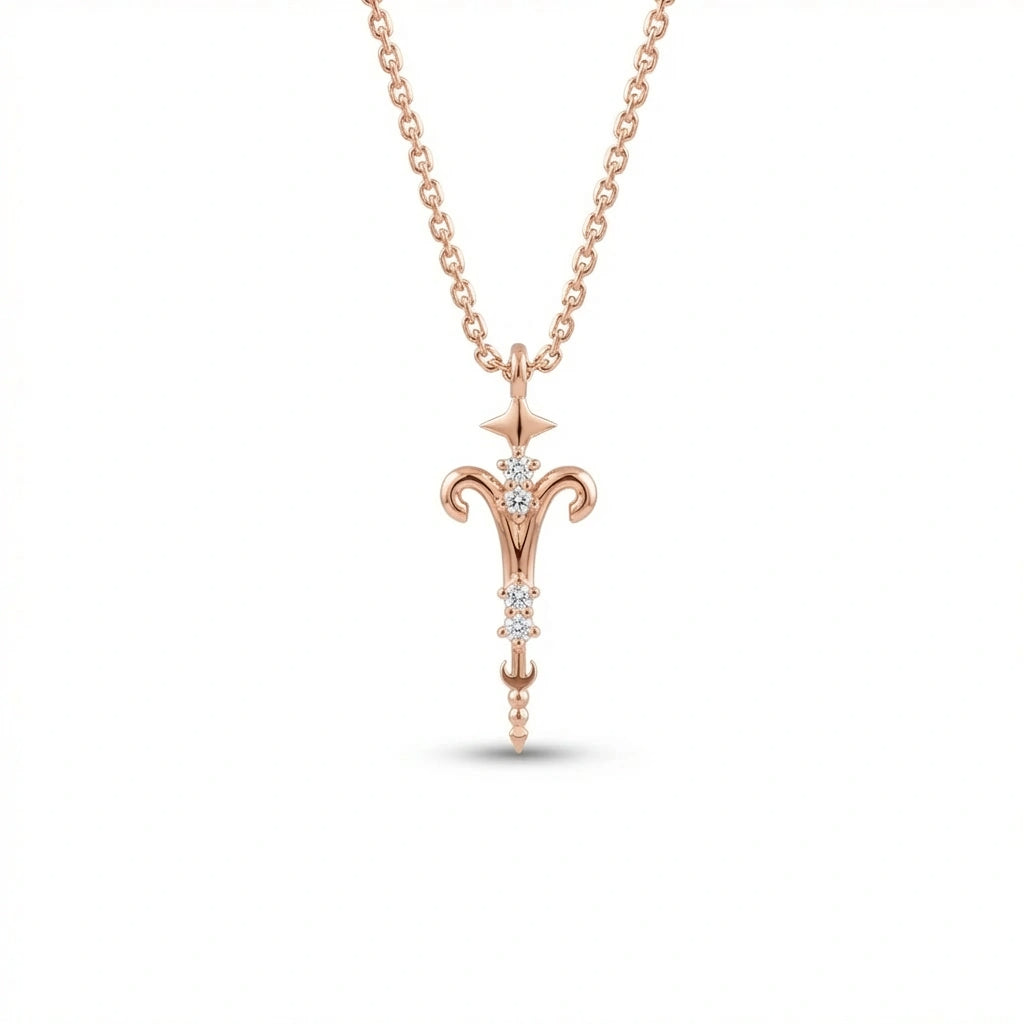 Aurex Aries Zodiac Diamond Necklace in 14K rose gold, front view showing ram horn symbol, diamond stem, and star bail on cable chain