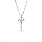 Aurex Aries Zodiac Diamond Necklace in 14K white gold, front view showing ram horn symbol, diamond stem, and star bail on cable chain