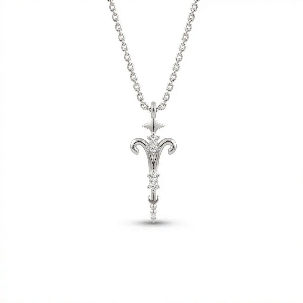 Aurex Aries Zodiac Diamond Necklace in 14K white gold, front view showing ram horn symbol, diamond stem, and star bail on cable chain