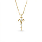 Aurex Aries Zodiac Diamond Necklace in 14K yellow gold, front view showing ram horn symbol, diamond stem, and star bail on cable chain