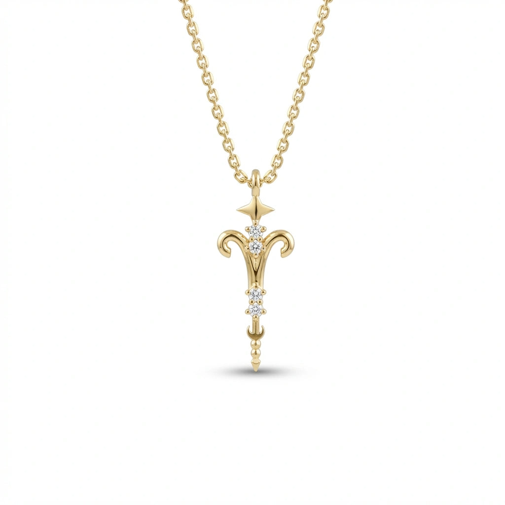 Aurex Aries Zodiac Diamond Necklace in 14K yellow gold, front view showing ram horn symbol, diamond stem, and star bail on cable chain