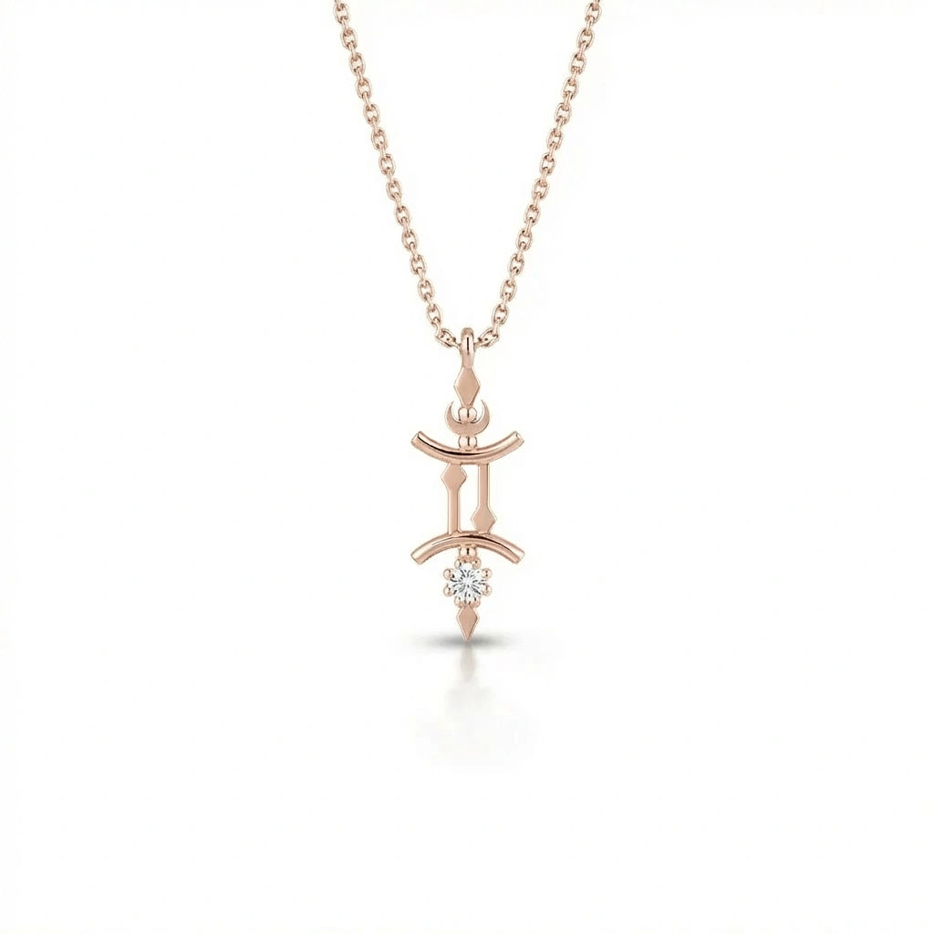 Aurex Gemini Zodiac Diamond Necklace in 14K rose gold, front view showing twin pillar Gemini symbol with diamond drop and faceted bail on cable chain