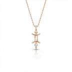 Aurex Gemini Zodiac Diamond Necklace in 14K rose gold, front view showing twin pillar Gemini symbol with diamond drop and faceted bail on cable chain