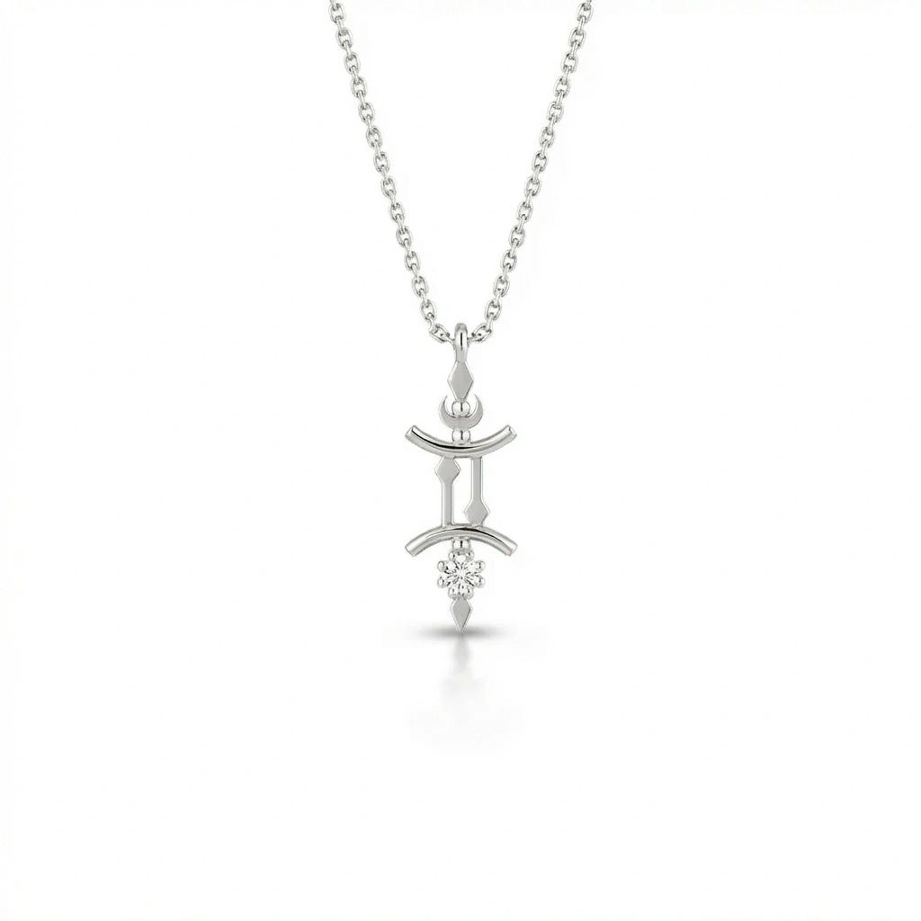 Aurex Gemini Zodiac Diamond Necklace in 14K white gold, front view showing twin pillar Gemini symbol with diamond drop and faceted bail on cable chain
