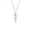 Aurex Gemini Zodiac Diamond Necklace in 14K yellow gold, front view showing twin pillar Gemini symbol with diamond drop and faceted bail on cable chain