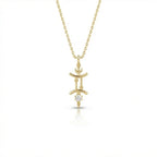 Aurex Gemini Zodiac Diamond Necklace in 14K yellow gold, front view showing twin pillar Gemini symbol with diamond drop and faceted bail on cable chain