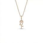 Aurex Leo Zodiac Diamond Necklace in 14K rose gold, front view showing open Leo glyph with four-pointed star cutout and twin lab-grown diamonds on cable chain