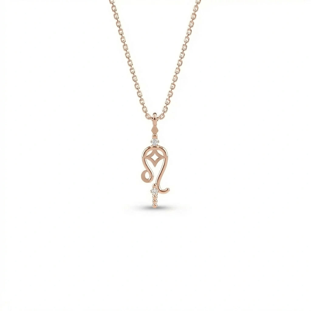 Aurex Leo Zodiac Diamond Necklace in 14K rose gold, front view showing open Leo glyph with four-pointed star cutout and twin lab-grown diamonds on cable chain