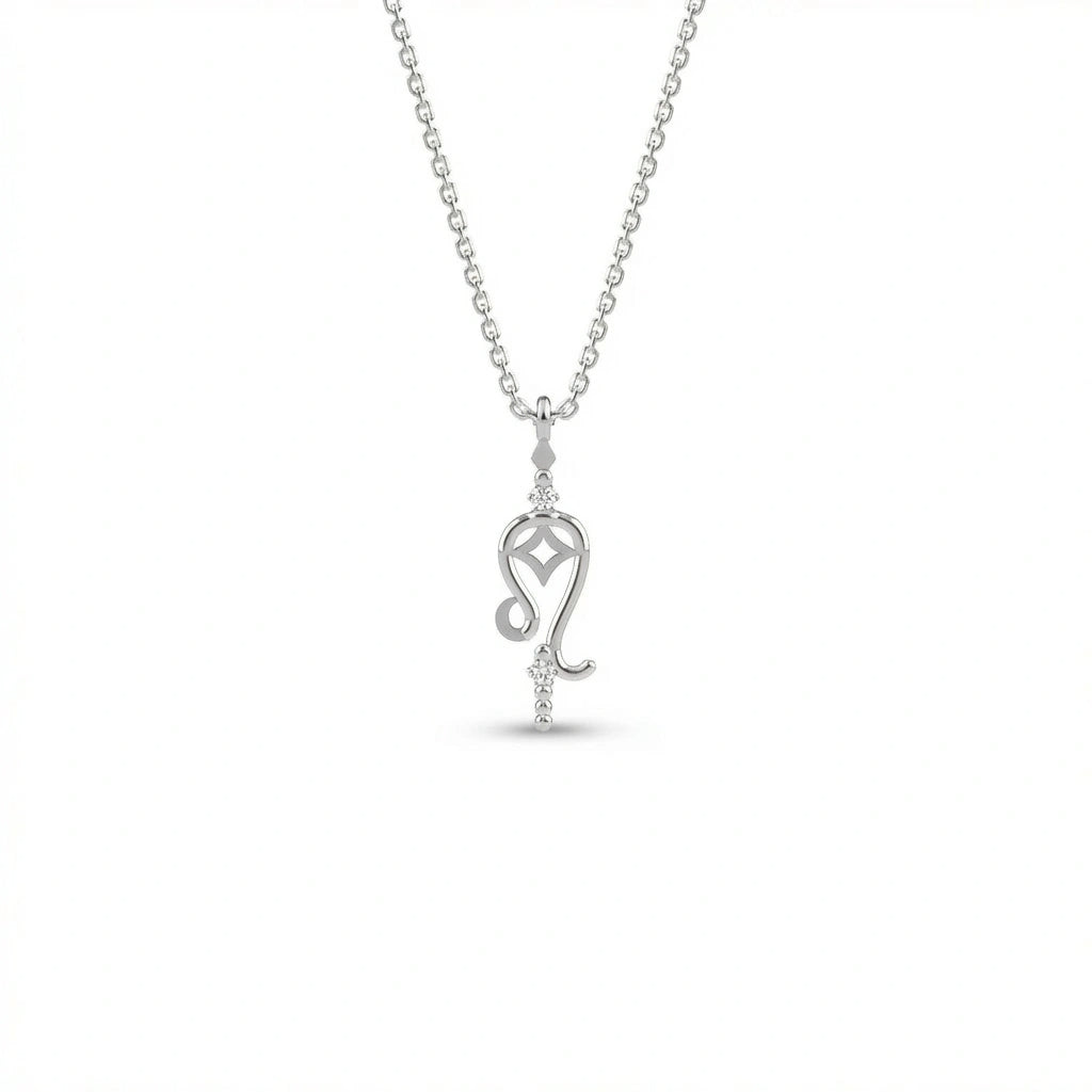 Aurex Leo Zodiac Diamond Necklace in 14K white gold, front view showing open Leo glyph with four-pointed star cutout and twin lab-grown diamonds on cable chain