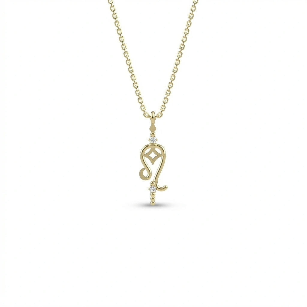 Aurex Leo Zodiac Diamond Necklace in 14K yellow gold, front view showing open Leo glyph with four-pointed star cutout and twin lab-grown diamonds on cable chain