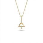 Aurex Libra Zodiac Diamond Necklace in 14K yellow gold, front view showing Libra scales symbol with crescent arch, horizontal bar, and twin lab-grown diamonds on cable chain