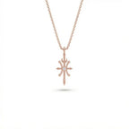Aurex Pisces Zodiac Diamond Necklace in 14K rose gold, front view showing sculptural cross form with crescent moon, four arrow points, ball terminals, and center lab-grown diamond on cable chain