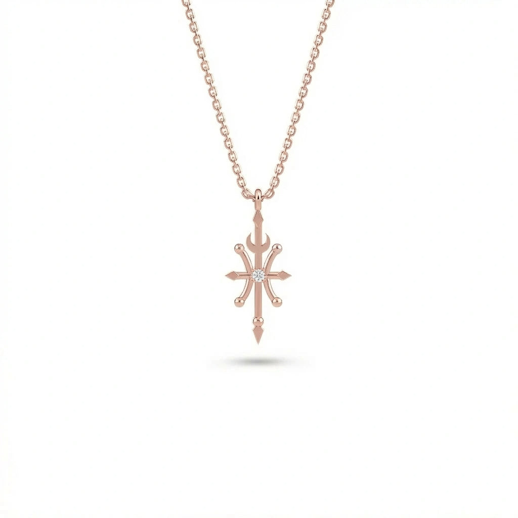 Aurex Pisces Zodiac Diamond Necklace in 14K rose gold, front view showing sculptural cross form with crescent moon, four arrow points, ball terminals, and center lab-grown diamond on cable chain