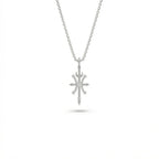 Aurex Pisces Zodiac Diamond Necklace in 14K white gold, front view showing sculptural cross form with crescent moon, four arrow points, ball terminals, and center lab-grown diamond on cable chain