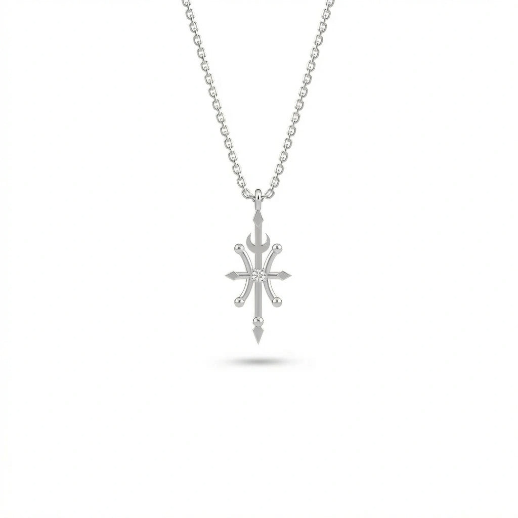 Aurex Pisces Zodiac Diamond Necklace in 14K white gold, front view showing sculptural cross form with crescent moon, four arrow points, ball terminals, and center lab-grown diamond on cable chain