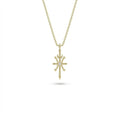 Aurex Pisces Zodiac Diamond Necklace in 14K yellow gold, front view showing sculptural cross form with crescent moon, four arrow points, ball terminals, and center lab-grown diamond on cable chain