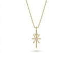 Aurex Pisces Zodiac Diamond Necklace in 14K yellow gold, front view showing sculptural cross form with crescent moon, four arrow points, ball terminals, and center lab-grown diamond on cable chain