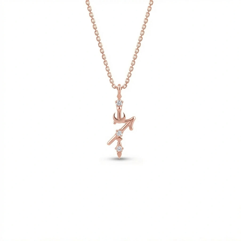 Aurex Sagittarius Zodiac Diamond Necklace in 14K rose gold, front view showing diagonal arrow glyph with crescent moon accent and three lab-grown diamonds on cable chain