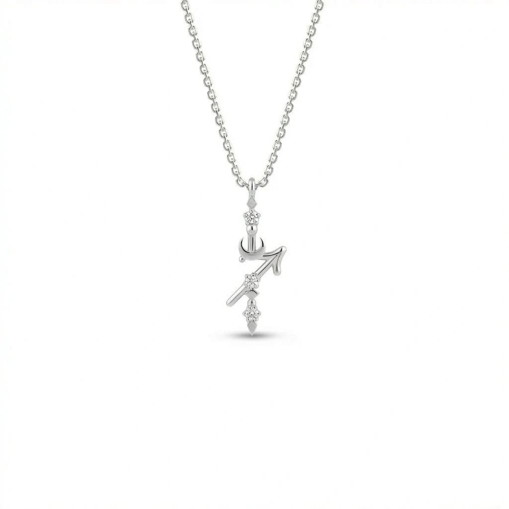 Aurex Sagittarius Zodiac Diamond Necklace in 14K white gold, front view showing diagonal arrow glyph with crescent moon accent and three lab-grown diamonds on cable chain