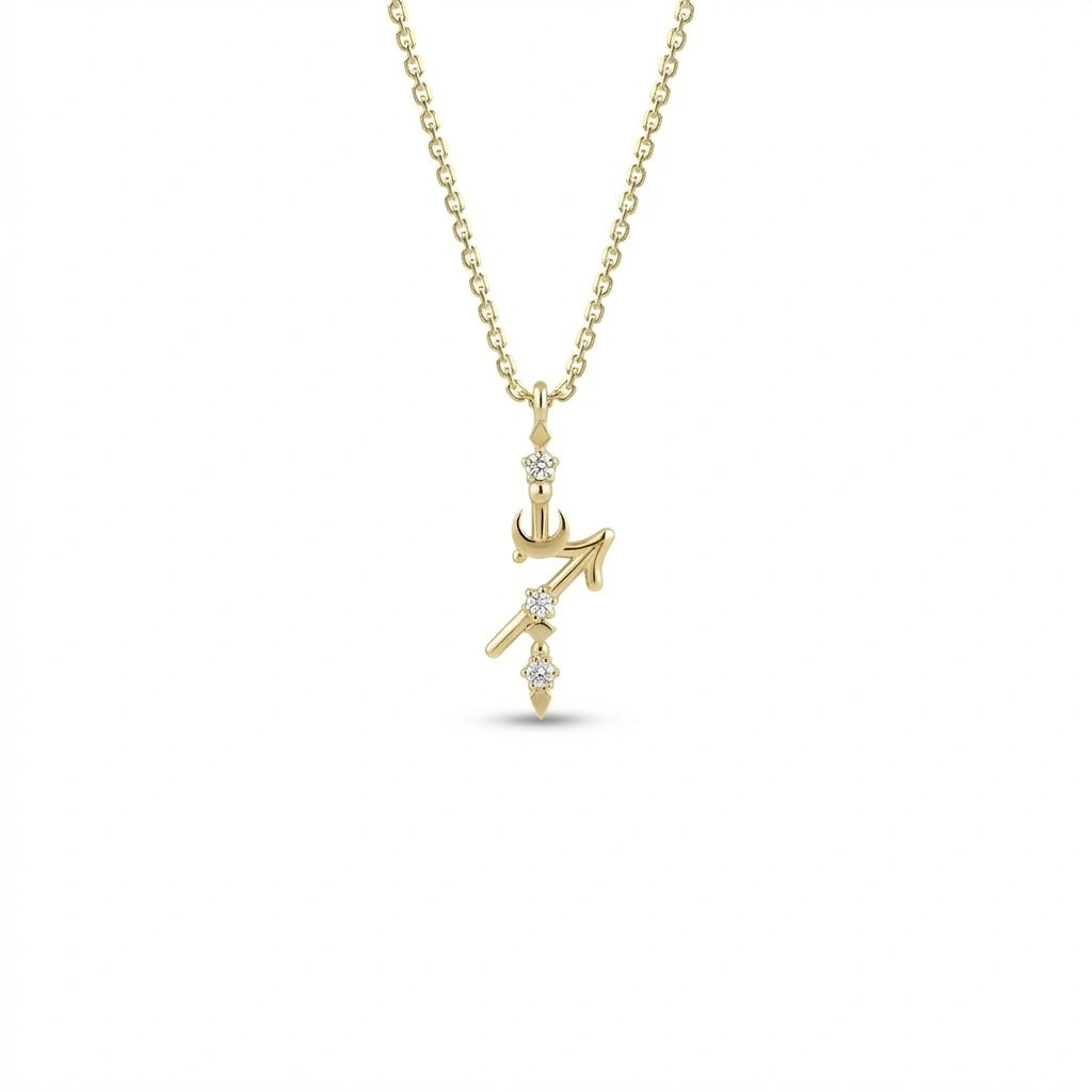 Aurex Sagittarius Zodiac Diamond Necklace in 14K yellow gold, front view showing diagonal arrow glyph with crescent moon accent and three lab-grown diamonds on cable chain