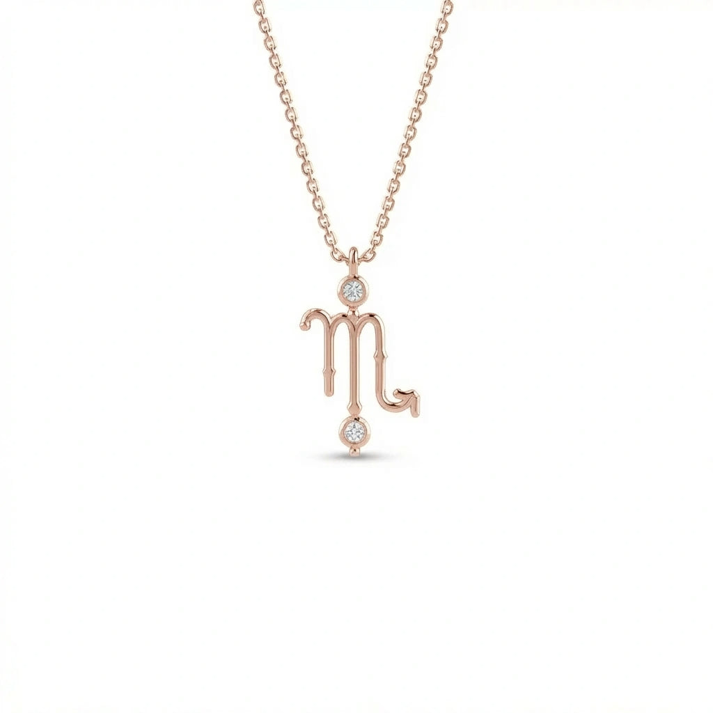 Aurex Scorpio Zodiac Diamond Necklace in 14K rose gold, front view showing Scorpio M-glyph with upward arrow tail and twin bezel-set lab-grown diamonds on cable chain