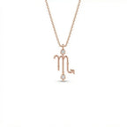 Aurex Scorpio Zodiac Diamond Necklace in 14K rose gold, front view showing Scorpio M-glyph with upward arrow tail and twin bezel-set lab-grown diamonds on cable chain