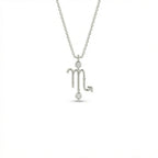 Aurex Scorpio Zodiac Diamond Necklace in 14K white gold, front view showing Scorpio M-glyph with upward arrow tail and twin bezel-set lab-grown diamonds on cable chain