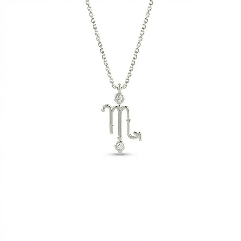 Aurex Scorpio Zodiac Diamond Necklace in 14K white gold, front view showing Scorpio M-glyph with upward arrow tail and twin bezel-set lab-grown diamonds on cable chain