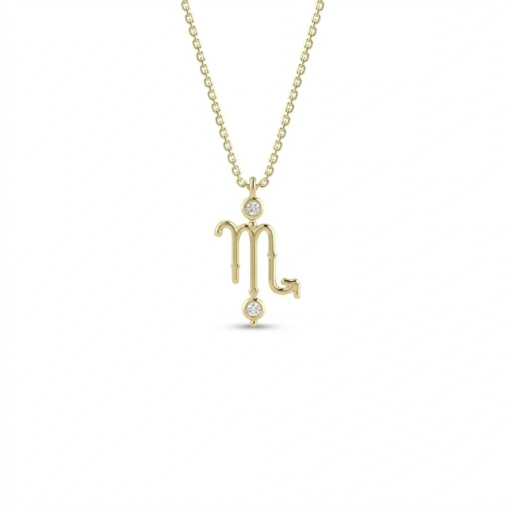 Aurex Scorpio Zodiac Diamond Necklace in 14K yellow gold, front view showing Scorpio M-glyph with upward arrow tail and twin bezel-set lab-grown diamonds on cable chain