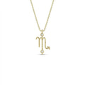 Aurex Scorpio Zodiac Diamond Necklace in 14K yellow gold, front view showing Scorpio M-glyph with upward arrow tail and twin bezel-set lab-grown diamonds on cable chain