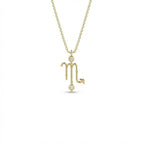 Aurex Scorpio Zodiac Diamond Necklace in 14K yellow gold, front view showing Scorpio M-glyph with upward arrow tail and twin bezel-set lab-grown diamonds on cable chain