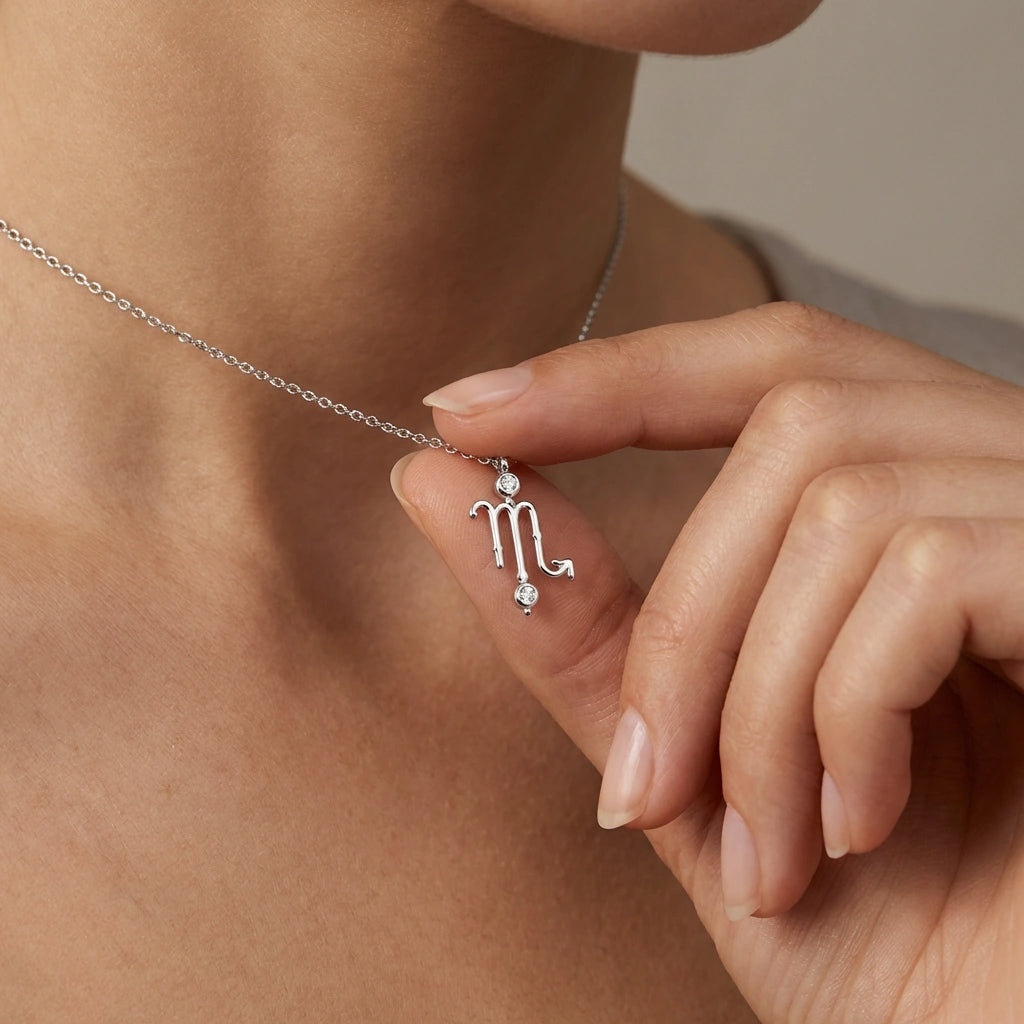 Model holding Aurex Scorpio Zodiac Diamond Necklace in 14K white gold between fingers at décolletage, close-up editorial shot showing Scorpio M-glyph with arrow tail and twin bezel-set diamonds