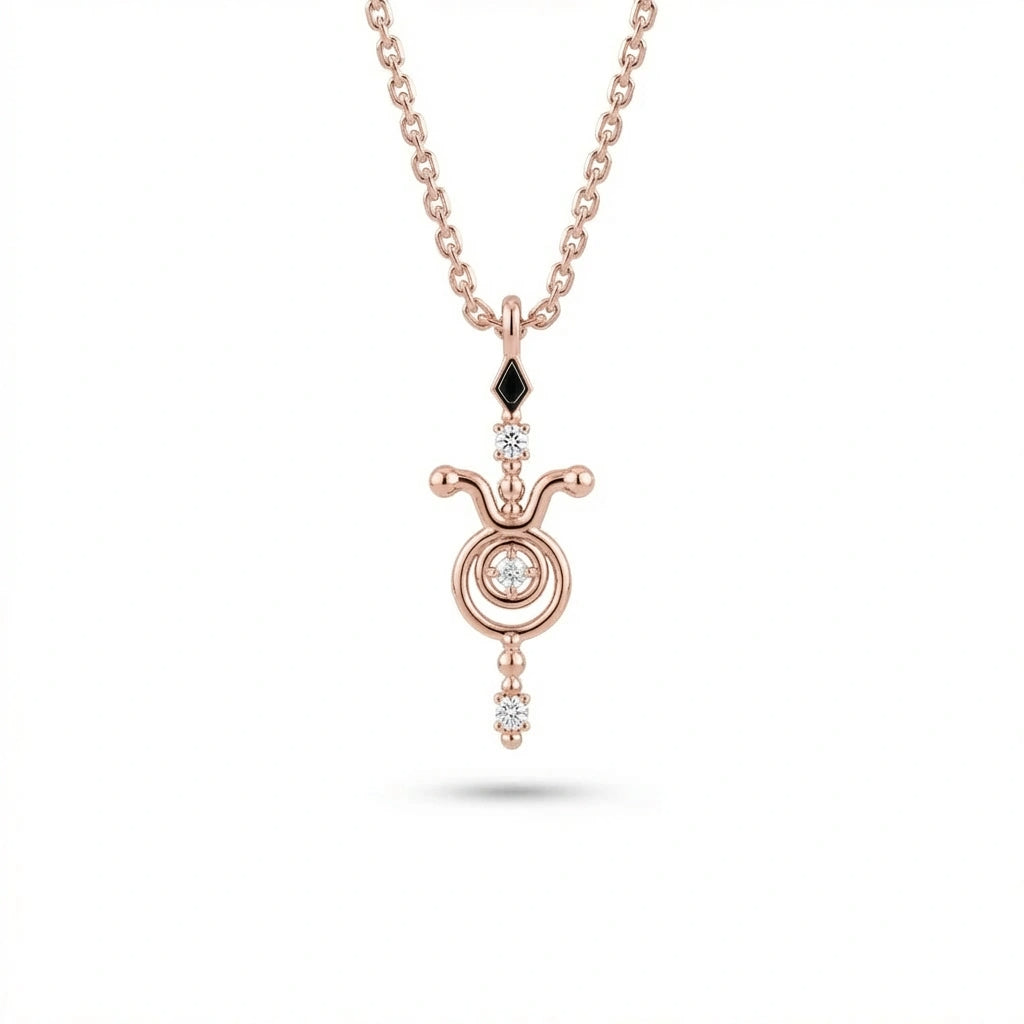 Aurex Taurus Zodiac Diamond Necklace in 14K rose gold, front view showing bull horns with ball tips, center diamond circle, black diamond bail, and diamond drop on cable chain