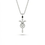 Aurex Taurus Zodiac Diamond Necklace in 14K white gold, front view showing bull horns with ball tips, center diamond circle, black diamond bail, and diamond drop on cable chain