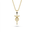 Aurex Taurus Zodiac Diamond Necklace in 14K yellow gold, front view showing bull horns with ball tips, center diamond circle, black diamond bail, and diamond drop on cable chain