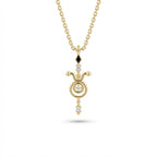 Aurex Taurus Zodiac Diamond Necklace in 14K yellow gold, front view showing bull horns with ball tips, center diamond circle, black diamond bail, and diamond drop on cable chain