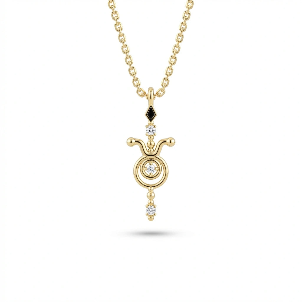 Aurex Taurus Zodiac Diamond Necklace in 14K yellow gold, front view showing bull horns with ball tips, center diamond circle, black diamond bail, and diamond drop on cable chain
