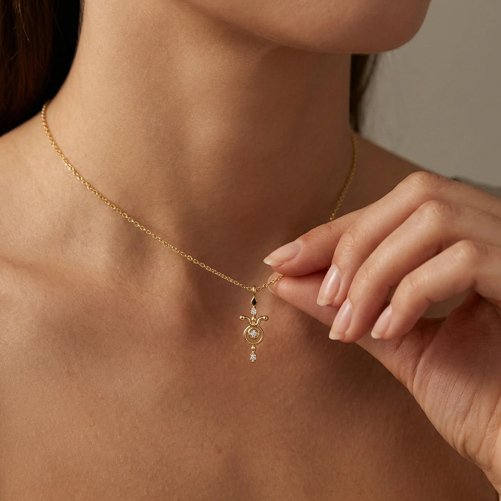 Model wearing Aurex Taurus Zodiac Diamond Necklace in 14K yellow gold at décolletage, close-up editorial shot showing bull horns symbol with center diamond and black diamond-shaped bail