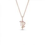 Aurex Virgo Zodiac Diamond Necklace in 14K rose gold, front view showing script-like Virgo glyph with bezel-set diamond crown, faceted bail, and beaded stem drop on cable chain