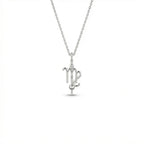 Aurex Virgo Zodiac Diamond Necklace in 14K white gold, front view showing script-like Virgo glyph with bezel-set diamond crown, faceted bail, and beaded stem drop on cable chain