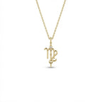 Aurex Virgo Zodiac Diamond Necklace in 14K yellow gold, front view showing script-like Virgo glyph with bezel-set diamond crown, faceted bail, and beaded stem drop on cable chain