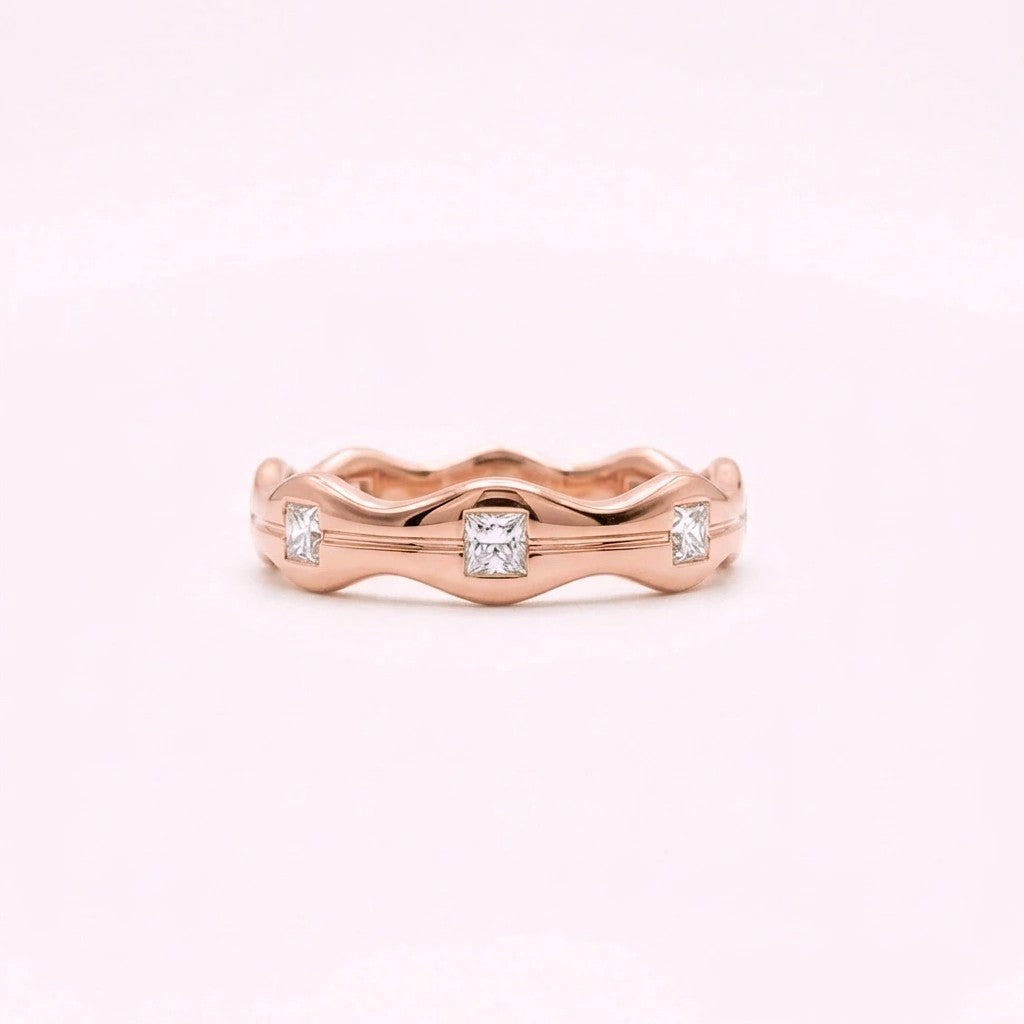 Aurex Wave Princess Diamond Band in 14K rose gold - front view showing romantic pink gold wave band with diamonds.