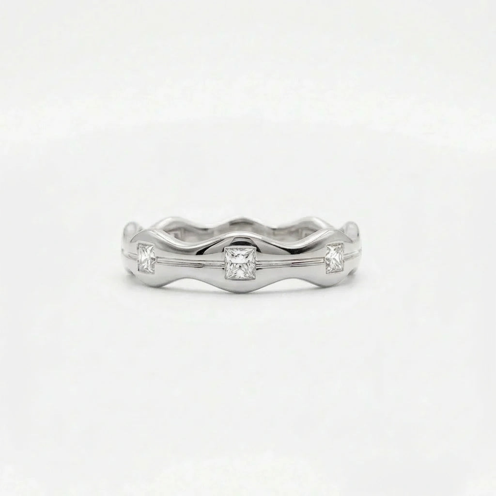 Aurex Wave Princess Diamond Band in 14K white gold - front view showing bright white gold sculptural wave design.