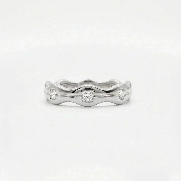 Aurex Wave Princess Diamond Band in 14K white gold - front view showing bright white gold sculptural wave design.