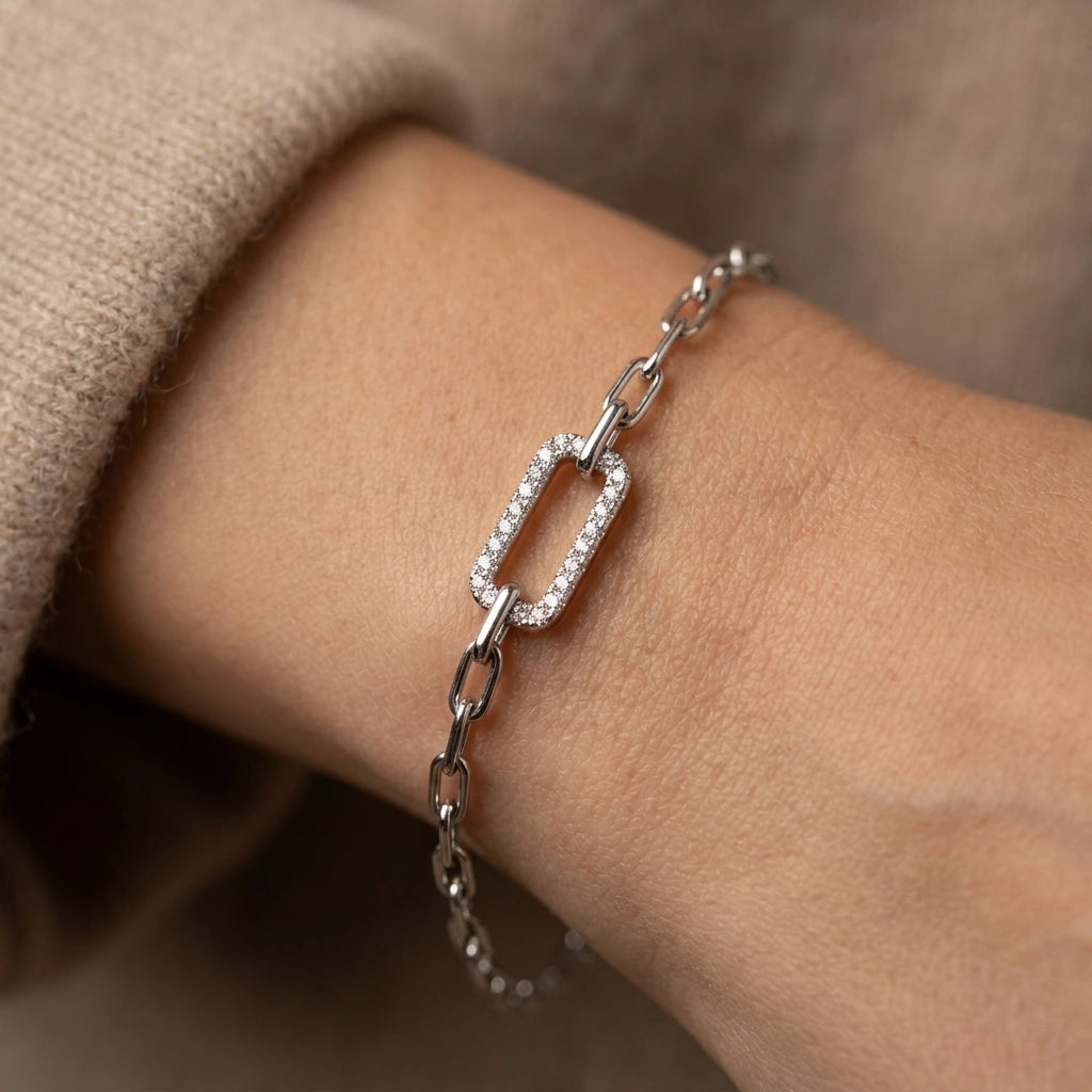 Pavé white diamond paperclip chain bracelet in 14K white gold, full front view — Black Pearl of Queens